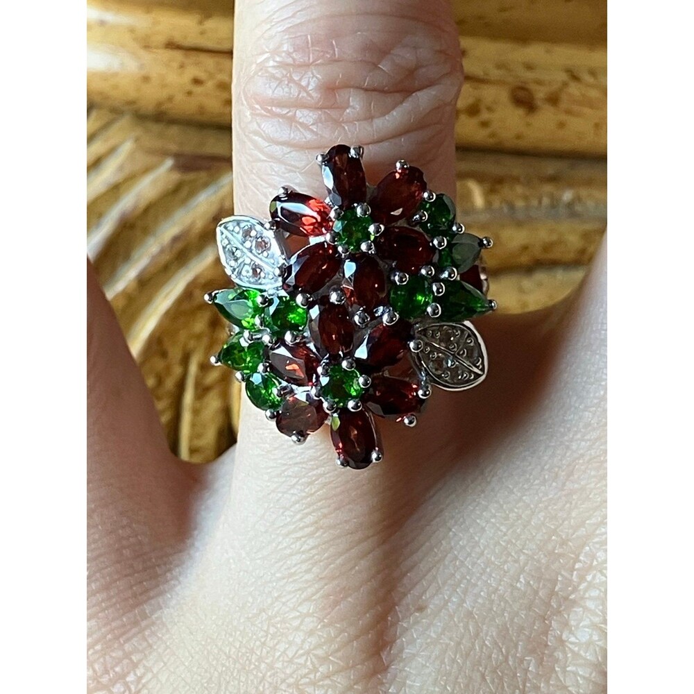 Red Garnet Chrome Diopside Sterling Silver Cocktail Ring Size 6